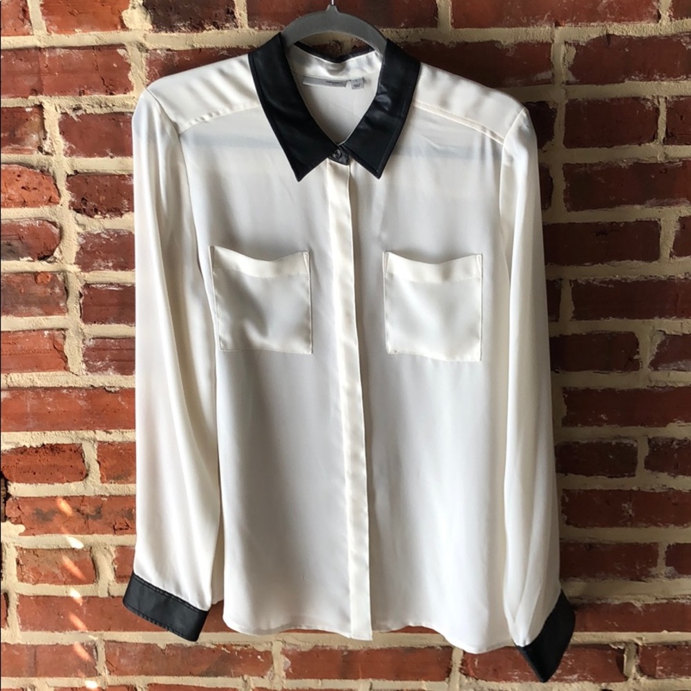 Halogen White & Black Sheer Button-Down Blouse Wi… - image 1